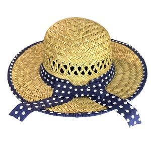 Turner Vintage Straw Sun Hat Ladies Small Brim - Polka Dot blue bow Garden Hat